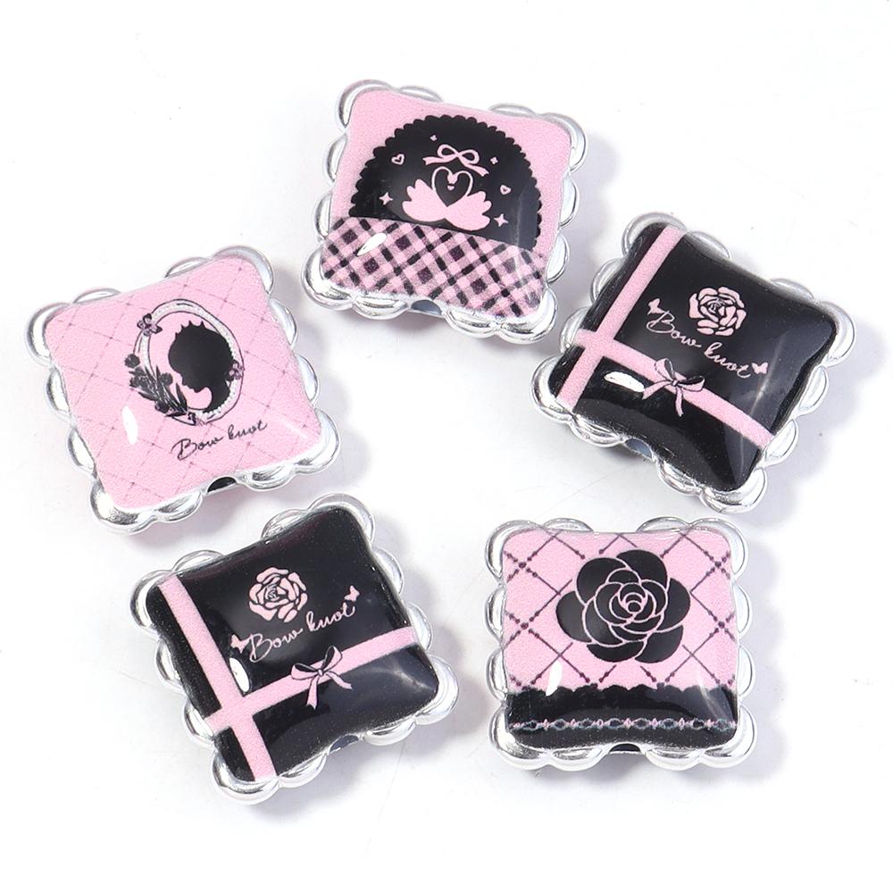 5pcs Acrylic Beads Sweet Wave Silver Edge Square Loose Spacer Beads For Jewelry Making DIY Crafts Necklace Keychain Accessories