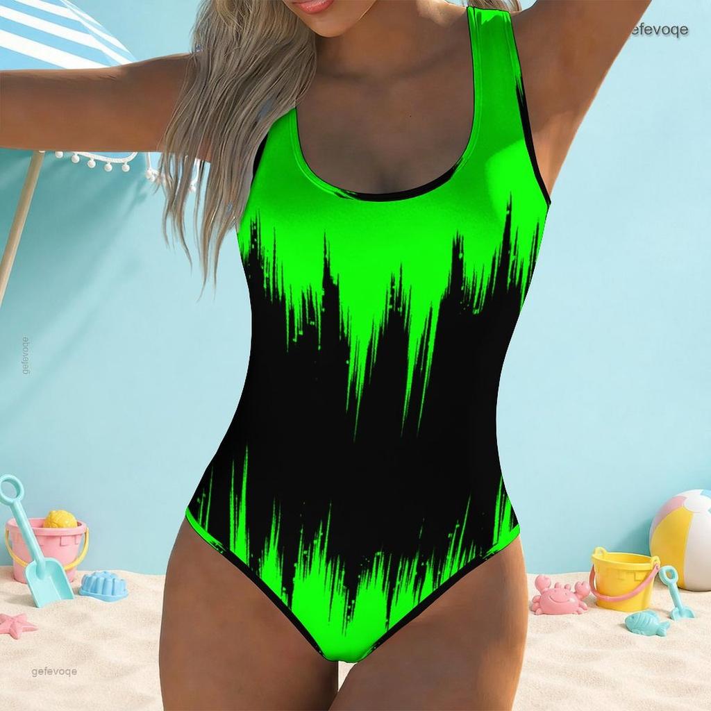 Women Plus Size Scoop Neck Wide Straps Printed Neon Green Black High Cut One Piece Swimsuit