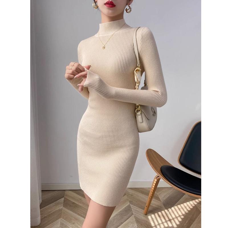Autumn Winter Women Korean Fashion Simple Ribbed Knitted Dresses Elegant Half High Collar Long Sleeve Slim Basic Sweater Dress