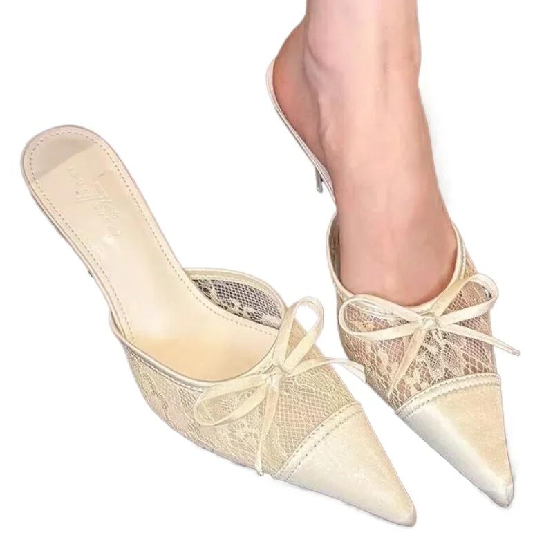 Fashion Elegant Woman Heeled Shoes Closed Toe Slippers Women Pointed Toe Butterfly-knot Dress Women's Slipper Fashion Summer Solid Heels