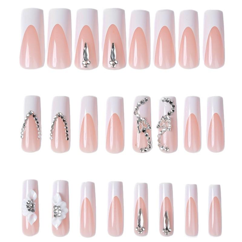 24 Rhinestone Press-on Long Bow Flower Nail Art Wearable Tips