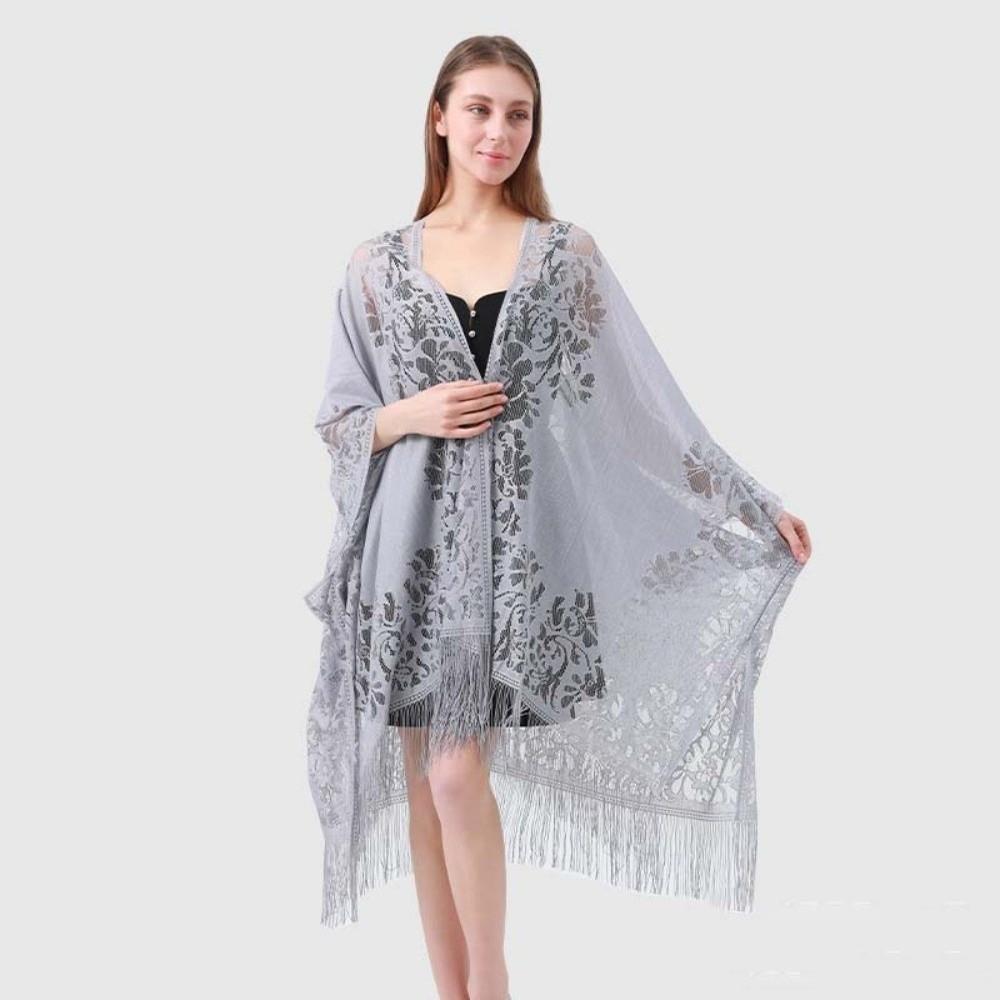 Дышащий Солнцезащитный Тонкий Большой Шарф с Кисточками Пляжный Отпускной Плащ Головной Убор светло-серый