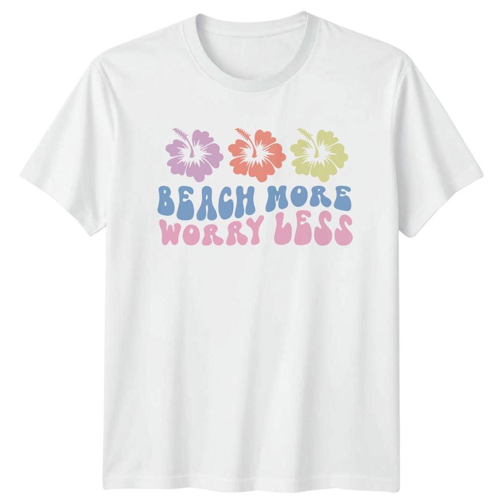 Beach More Worry Less Hibiscus Flower Summer Beach TShirt S