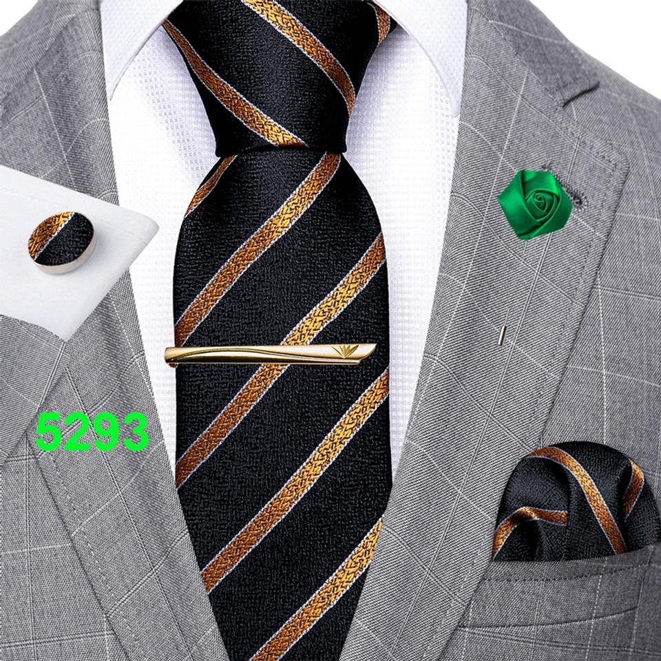 Barry.Wang Men Green Ties Silk Black Necktie Tie Clip Boutonniere Hanky Cufflinks Set for Business Wedding Dating