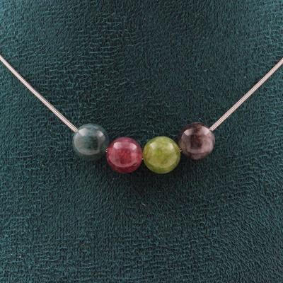 Stones and Minerals. Necklace 4 Beads Multicolored Tourmaline 8 Mm Steel Chain Necklace for Women, Men. Customizable Size.