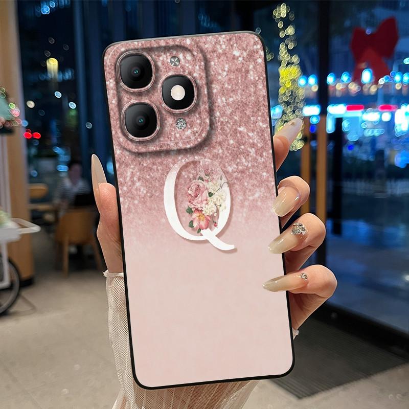 Fashion Design Initial Letter With Flower Pattern Phone Case For Itel A90 Soft Silicone Anti-scratch Black Couple Casing