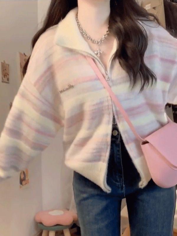 Damen Gestreifter Strickcardigan mit Stehkragen - Frühling/Sommer Weicher Lässiger Pullover Top