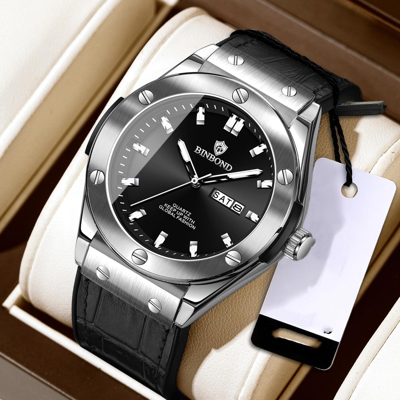 

BINBOND Casual Business Leather Fashion Quartz Wristwatches Clock Men Luxury Watch Quartz Watches Mens Gifts чорний