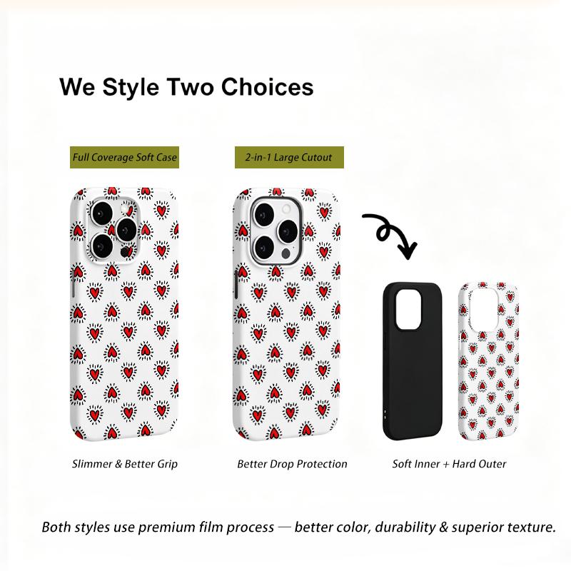 Trendy Kawaii Retro Red Love Heart Hand Drawn Doodle Art Film Aesthetic Protective Phone Case For iPhone 14 15 16 Pro Max Plus Dropproof Bumper Cover