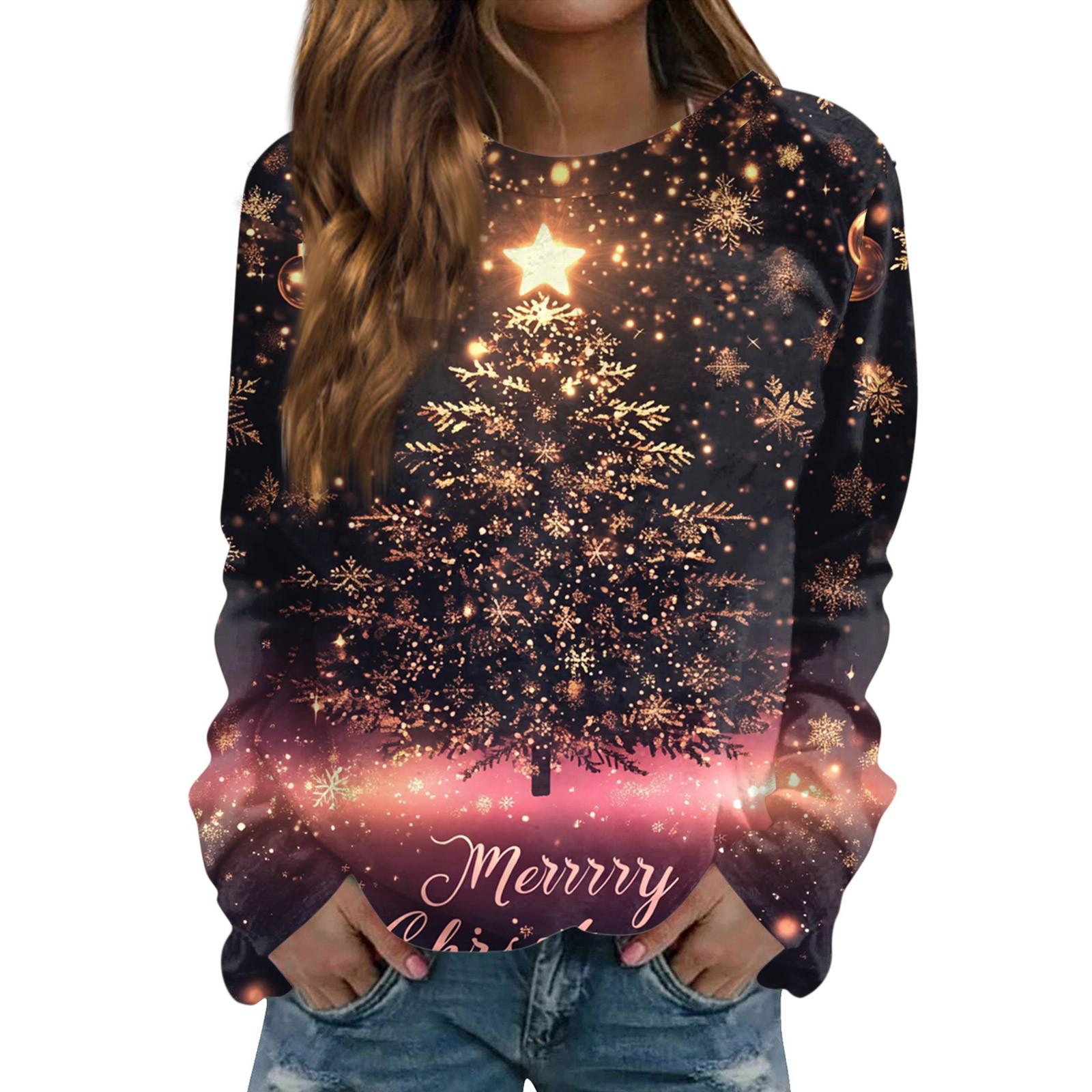 

Женская повседневная мода с принтом рождественской елки и круглым вырезом с длинными рукавами XXL золотой