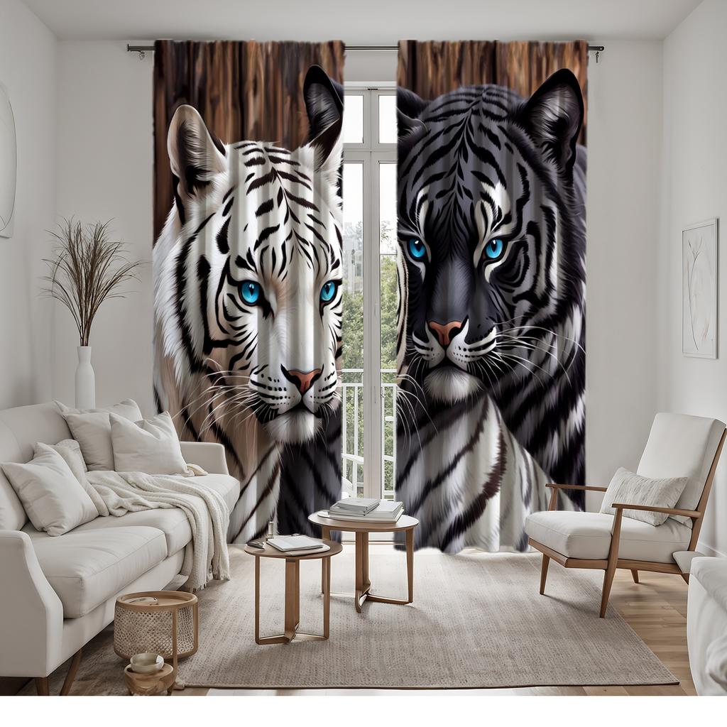 2pc Double tiger print curtains   polyester fabric   machine washable   suitable for bedroom and living room decoration