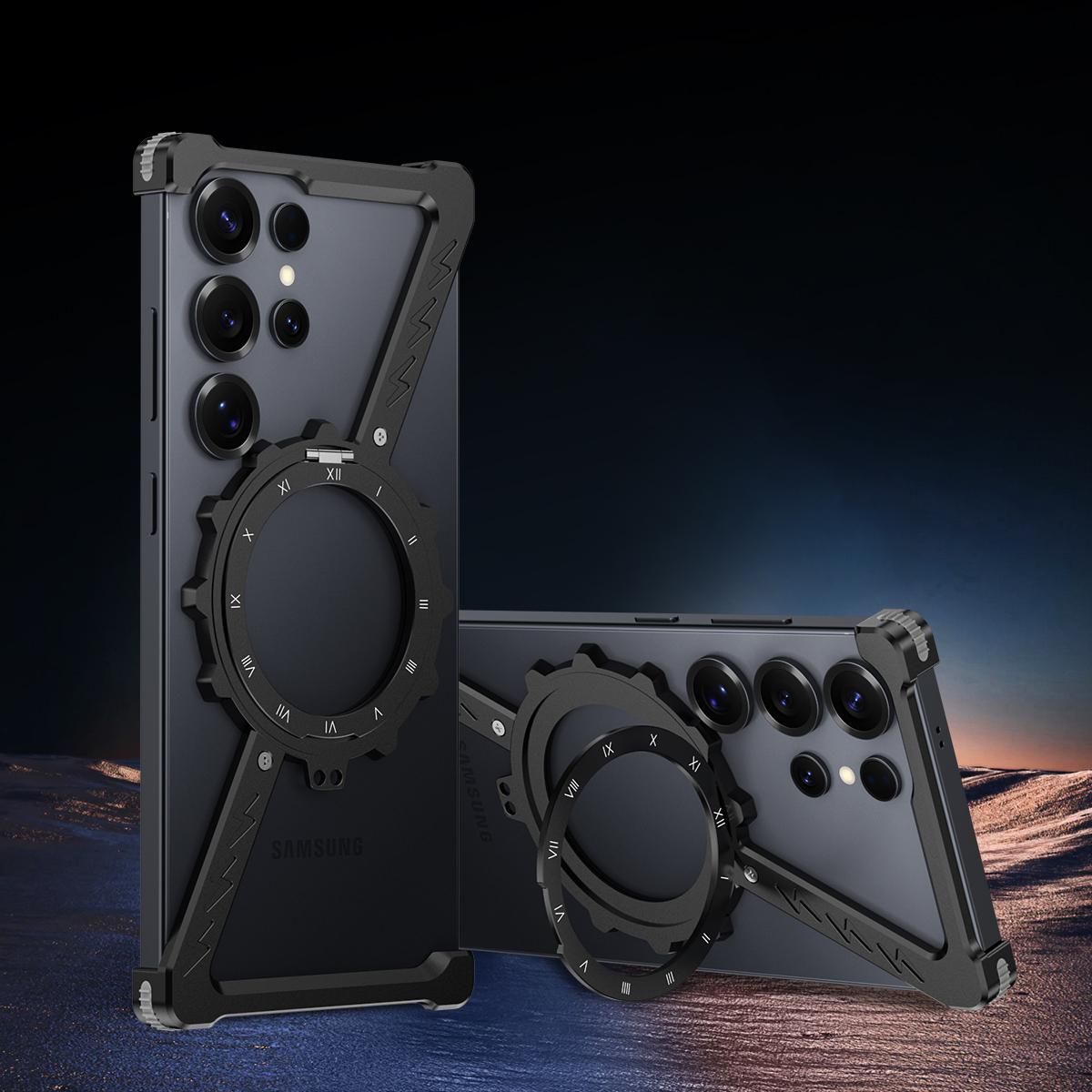 

For Samsung Galaxy S25 Ultra Bumper Case Compatible with MagSafe Ring Kickstand Luminous Metal Frameless Phone Cover Grey