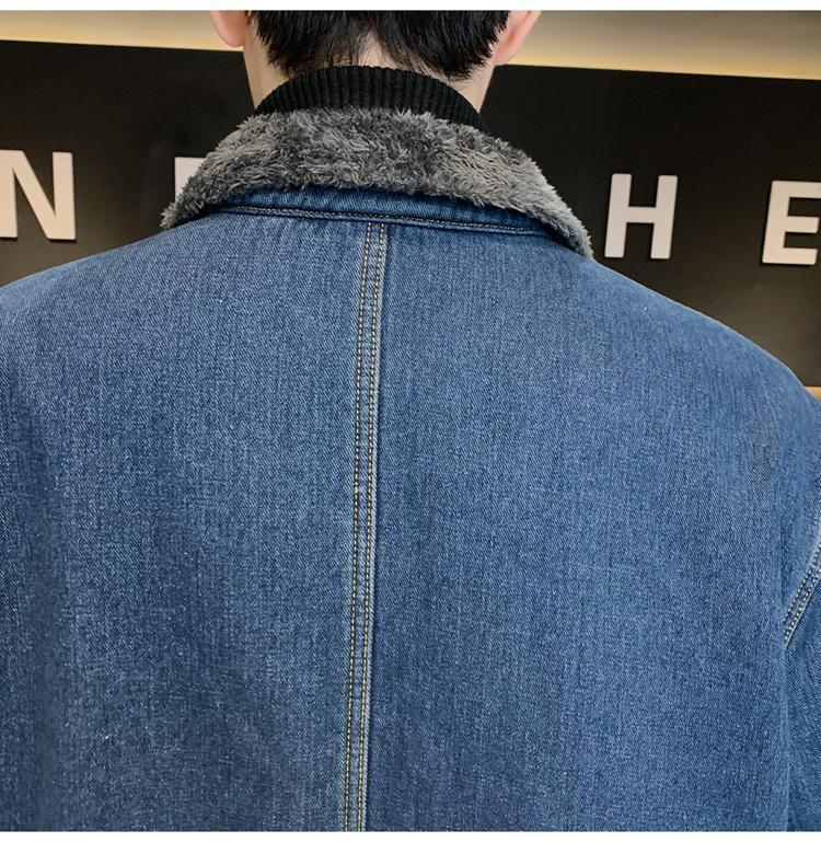 Men's Mid-Length Denim Trench Coat with Lamb Wool Lining - Winter Plus Size Loose Fit