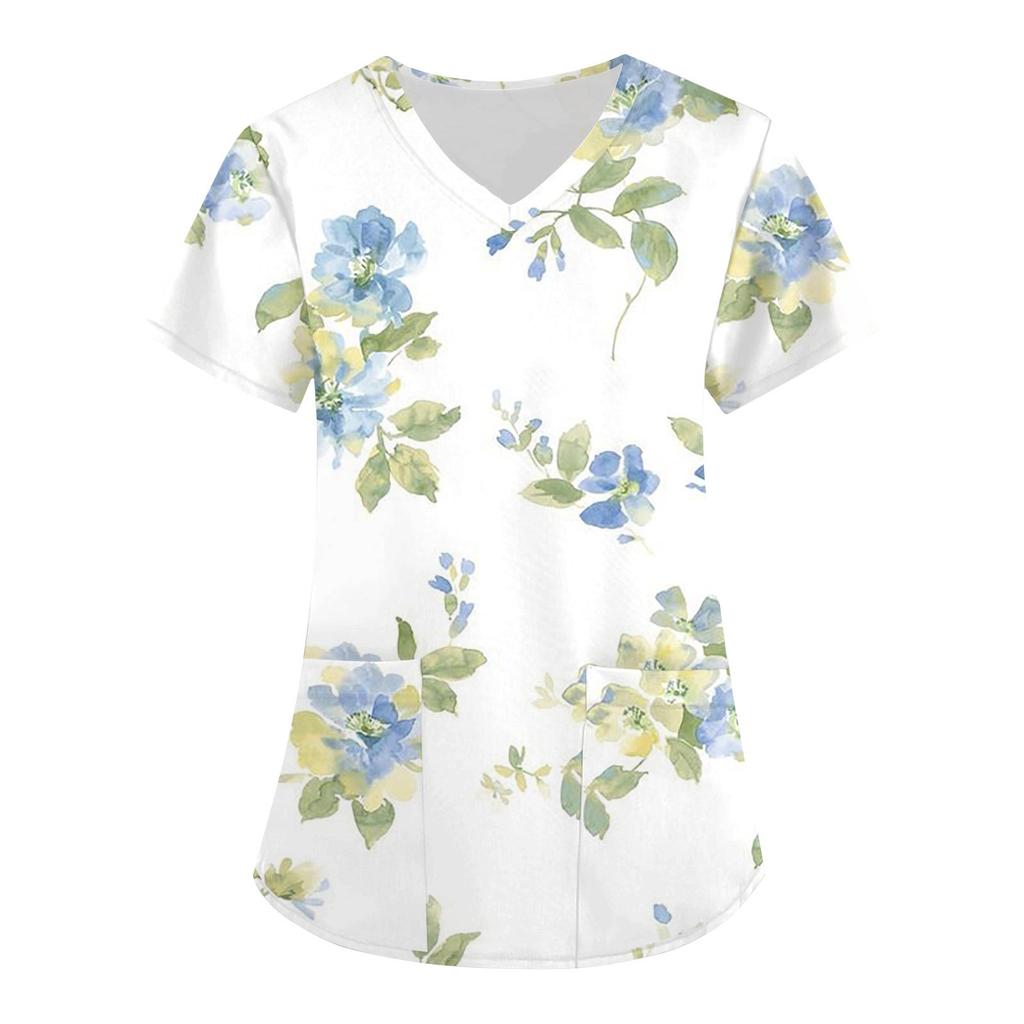 Damen Modisches T-Shirt mit Oster-Aufdruck, kurzärmelig, V-Ausschnitt, kleine Tasche, Arbeits-T-Shirt