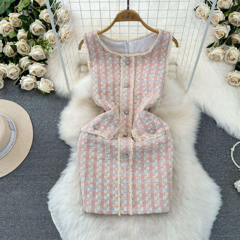 

Classic Style Summer Socialite Tweed Dress Vest Pink M