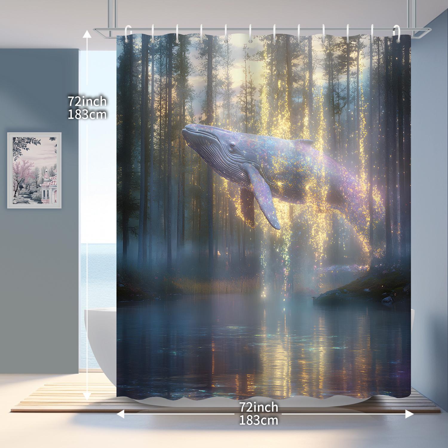 

Forest Lake Golden Fantasy Whale Shower Curtain with 12 Hooks – Animal Design for Bathroom & Home Decor W90xH180cm