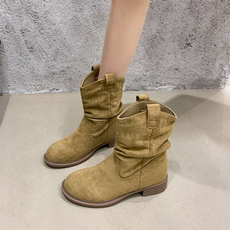 Retro Pile Boots Thick Heel Short Boots Women's New Autumn V-mouth Thin Maillard Western Cowboy Martin Boots