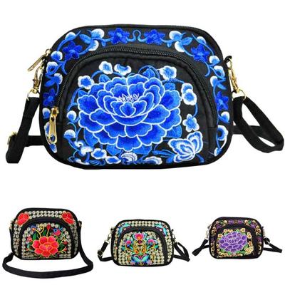 Women Ethnic Flower Embroidery Mini Canvas Crossbody Shoulder Bag Phone Holder
