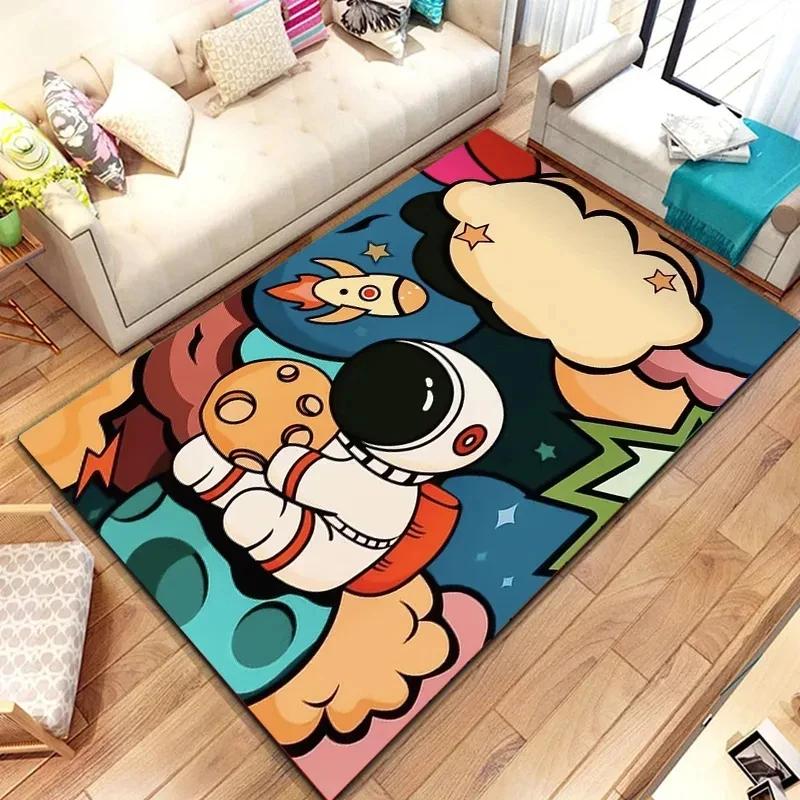 Kreskówkowy Astronaut Kosmiczny Dywan Planeta Kosmonauta Podróż w Kosmosie Nadruk Dywanik dla Chłopca Dziewczynki Sypialnia Salon Wewnątrz Mała Mata Podłogowa