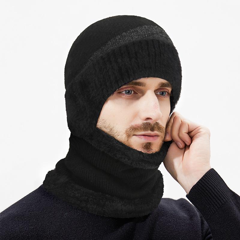 Winter Wool Warm Color-Matching Ear Protection Knitted Hat Men's Outdoor Cold-Proof Velvet Neck Set Two-Piece Wool Hat