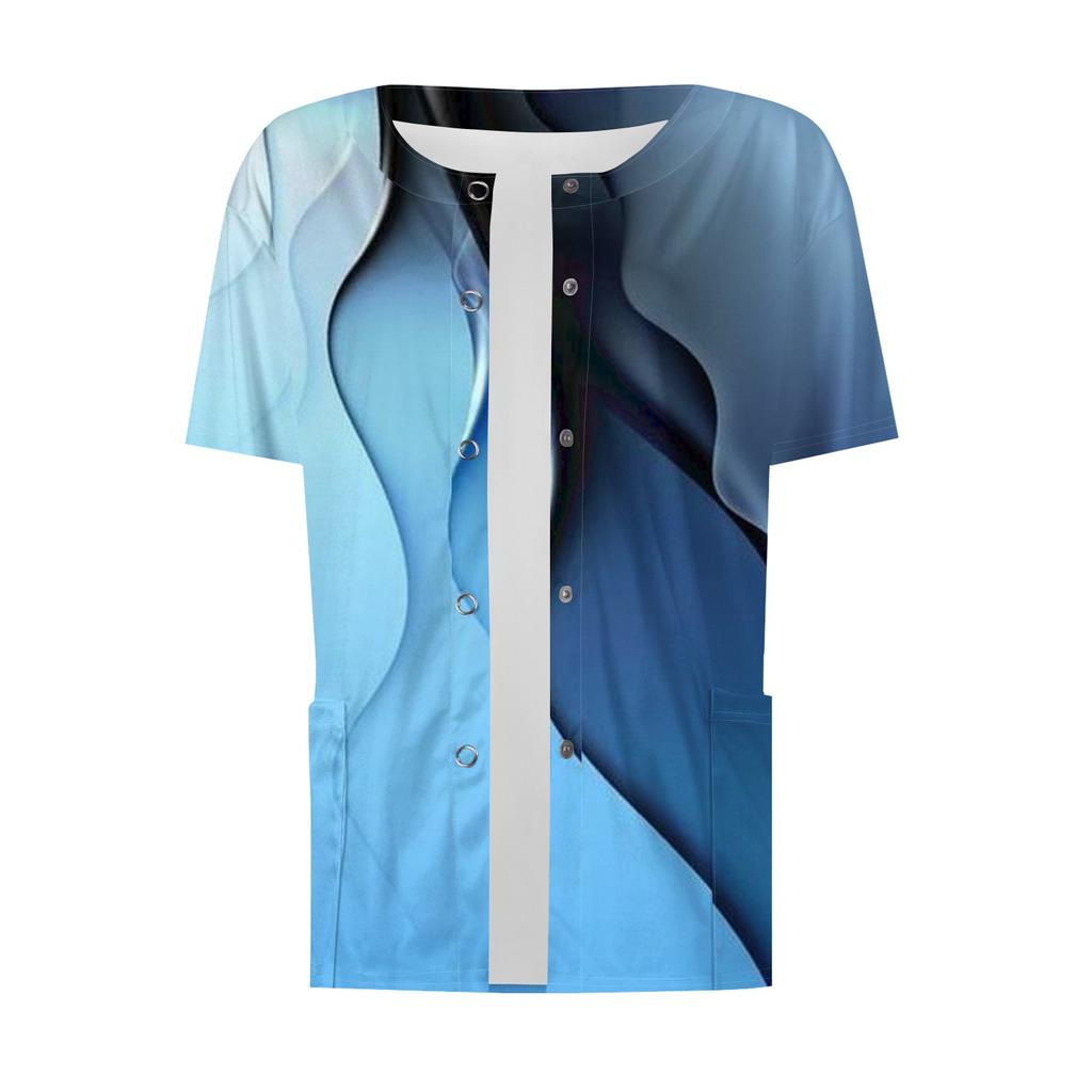Women's Short Sleeved Patterned Pockets, Work Print Stand Up Collar, Single Breasted Protective Clothing, Cardigan Jacket, Top