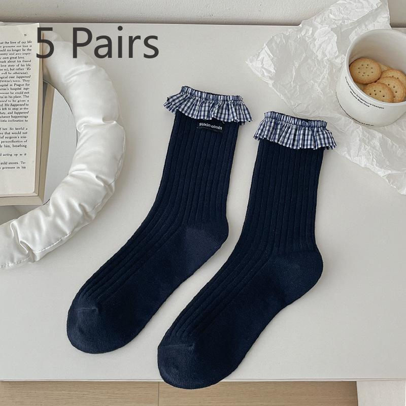 5 Pairs of Female Spring and Summer Preppy Bow In The Tube Pile Socks