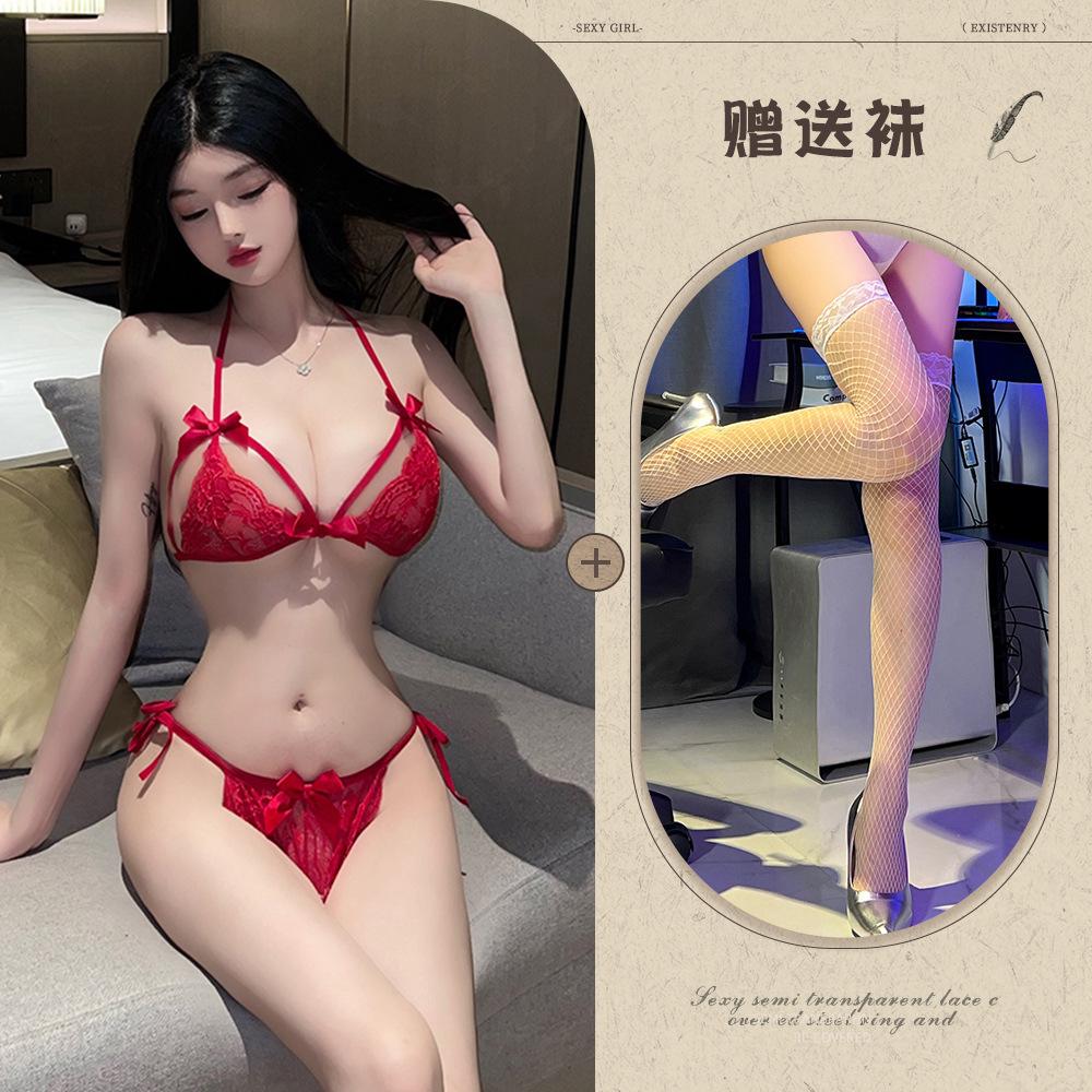 Sex underwear sexy lace three-point bra underwear women's transparent temptation pure desire women's pajamas