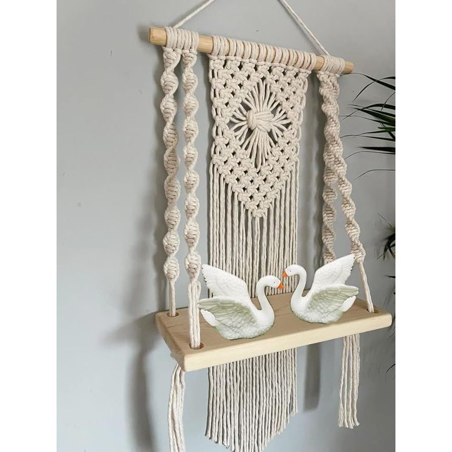 Muizz Macrame Wall Hanging Shelf, Wood & Cotton Rope, Ivory, Handcrafted Home Decor