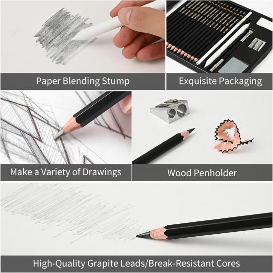 Drawing Sketching Pencil Set 21 Pack Art Pencil Kit with Graphite Pencils (14B-5H), Charcoal Pencil, Ideal for Shading, Blending, Drawing Set for