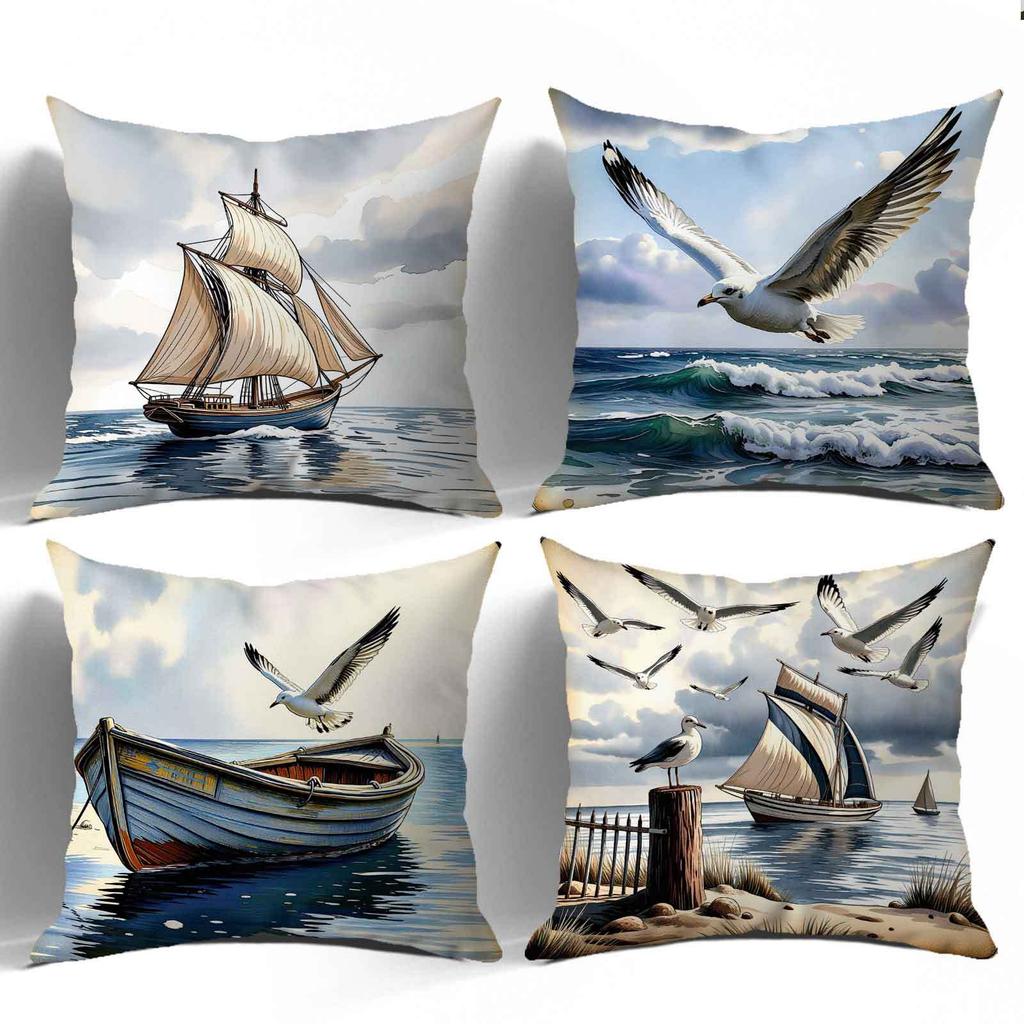 Seagull Ocean Sailing Theme Digital Printing Pillow Cover Short Plush Suitable Living Rooms Bedrooms Sofas Throw Cushion Cover