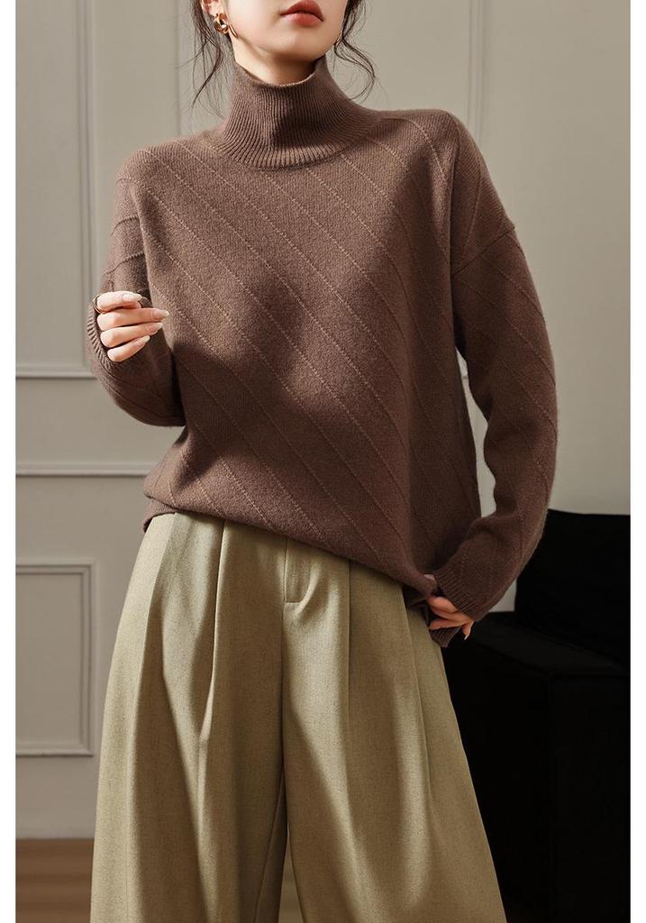 Women's High Neck Jacquard Wool Sweater - Thick, Loose Fit, Lazy Style