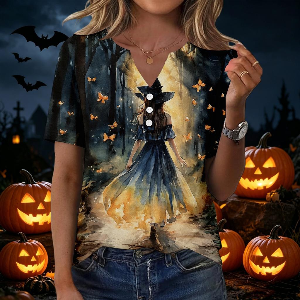 Women's Halloween V Neck Short Sleeve T-Shirt with Button Casual Top