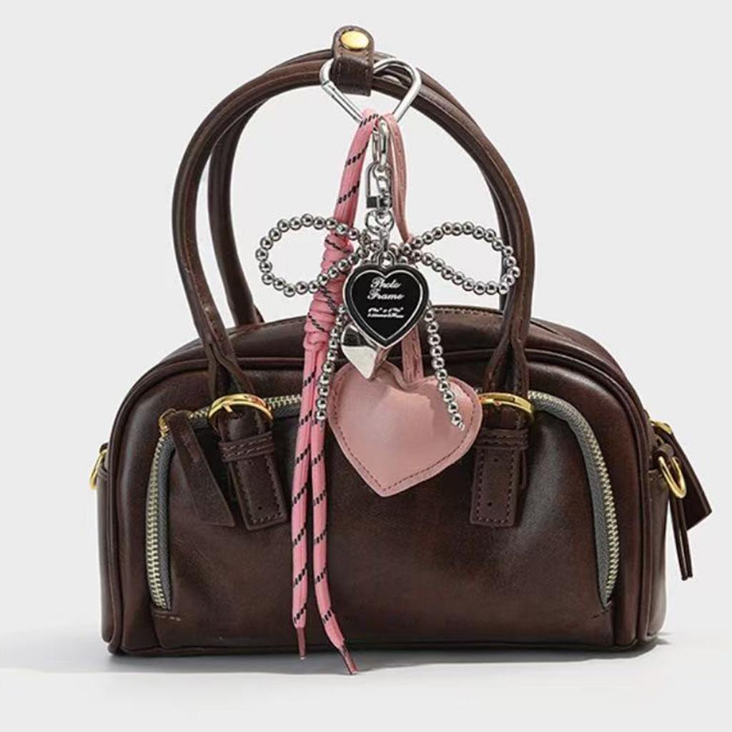 Glossy Leather Heart Keychain Faux Pearls Bowknot Braided Rope Car Keyring Bag Charm Gift Accessory for Women Girls