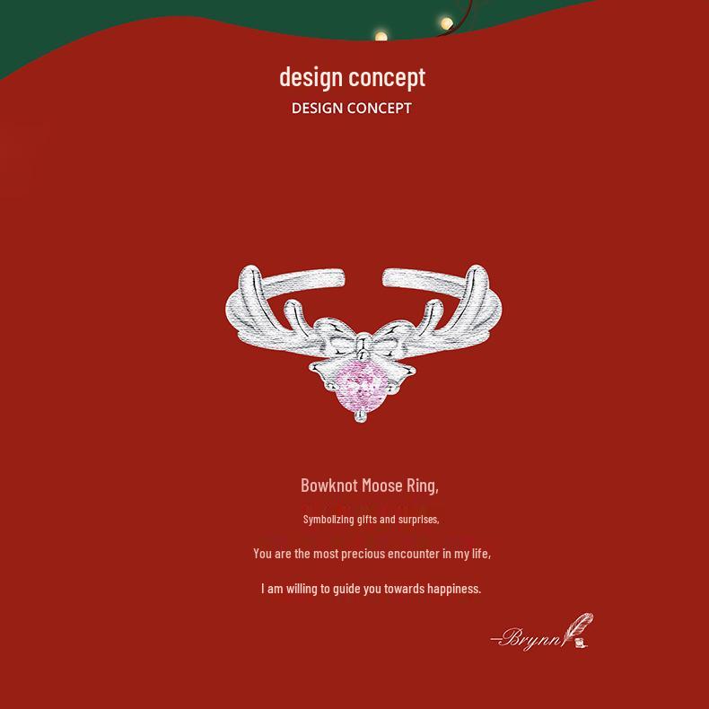 Yinziyun Original Elk Bow Open Ring - S925 Sterling Silver Christmas Lucky Jewelry