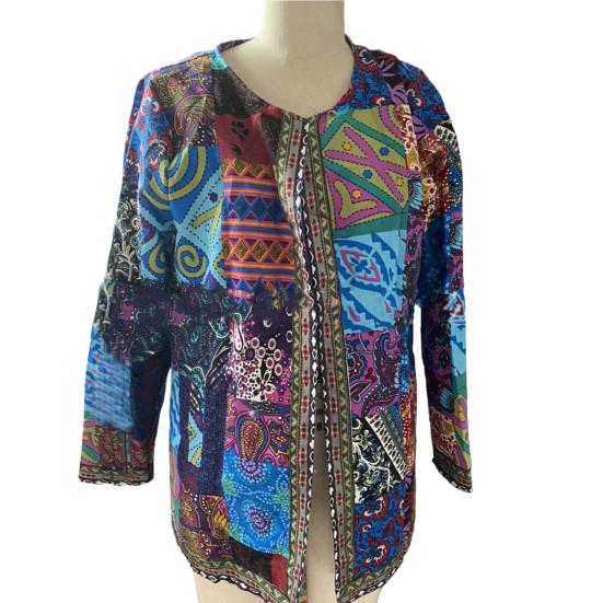 O-neck Long Sleeve Open Stitch Pockets Cardigan Coat Women Autumn Ethnic Style Retro Print Outerwear