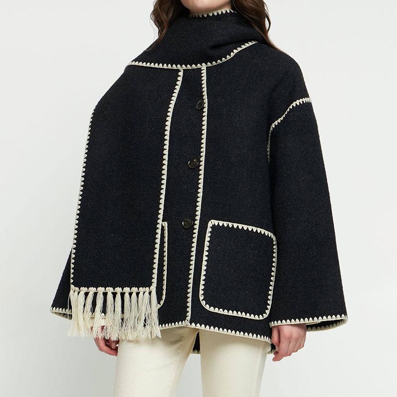 2023 Autumn/Winter Women's Wool Coat with Scarf & Tassels - European & American Style, Thick & Loose.