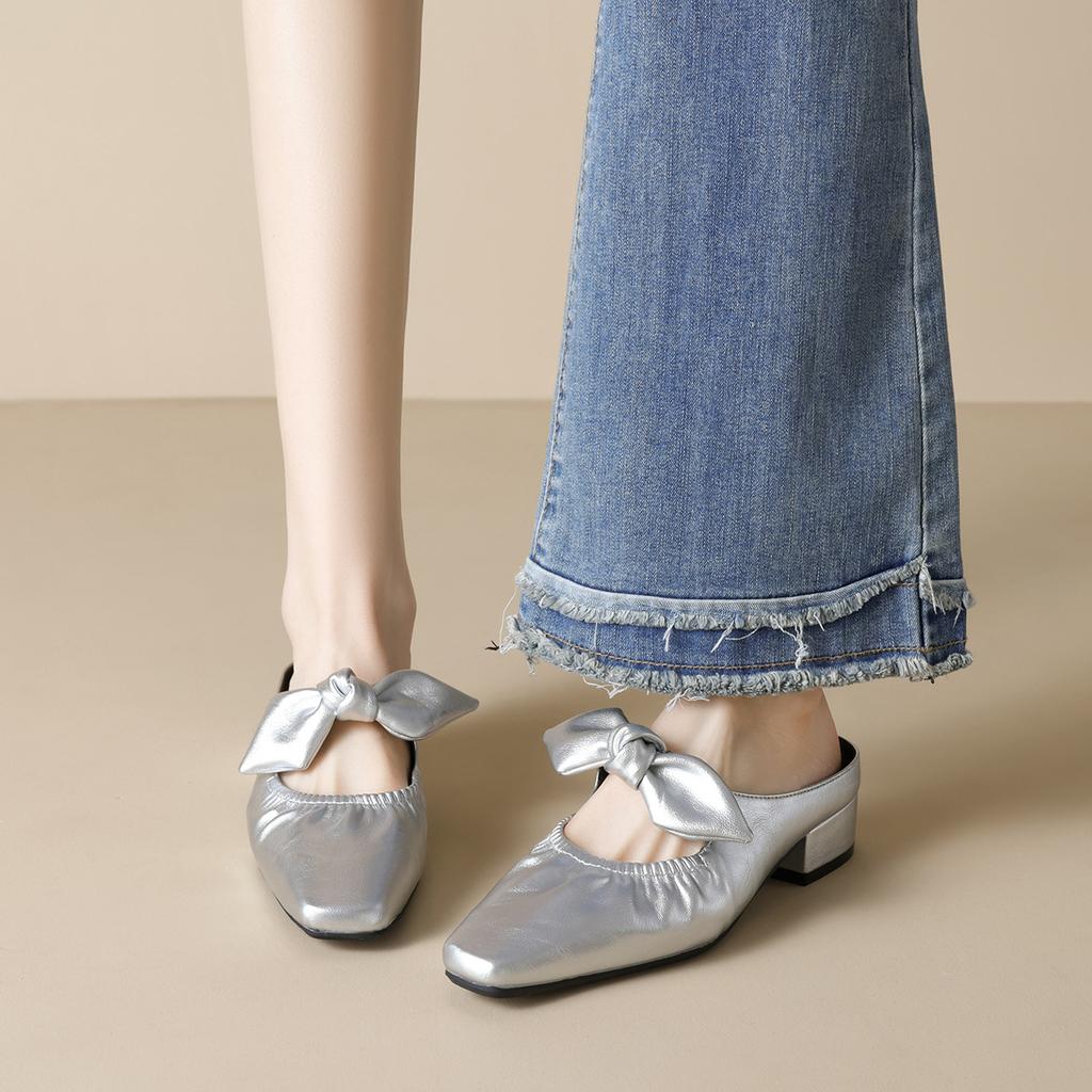 Bow Baotou Half Slippers Women's Outer Wear Summer Folds Thick Heel Empty Sandals