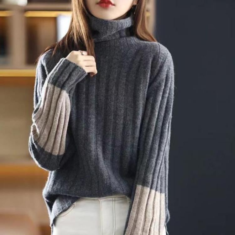 Women Warm Thick Soft Pullover Sweater Turtleneck Long Sleeve Knitted Color Block Patchwork Lady Winter Autumn Neck Protection