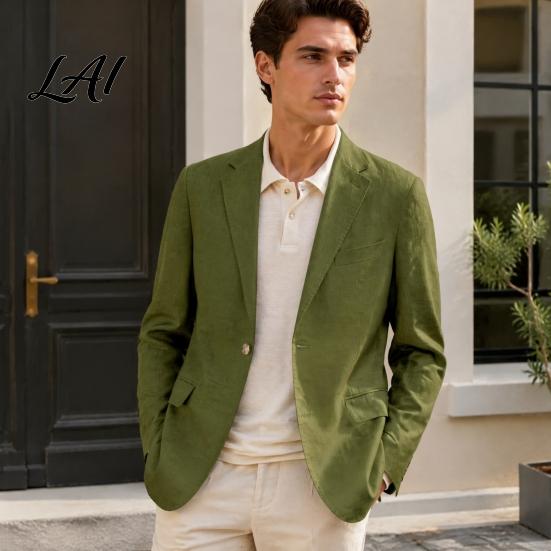 Polyester Single Button Coat Men Casual Blazer Notch Lapel Suit Jacket Structured Daily Wear Jacket Business for Wedding Office Layering Pieces