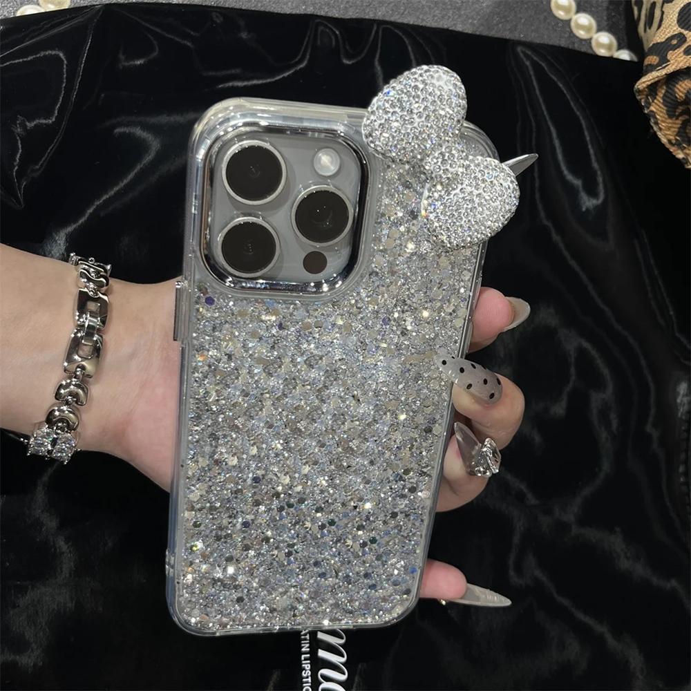 Luxury Rhinestone Bow Epoxy Sequins Phone Case For iPhone 17 16 15 14 13 12 11 Pro Max Plus Cute Bling Shockproof Bumper Cover