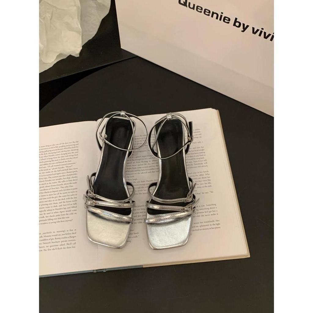 2025 New Summer Temperament Silver Thick Heel Roman Shoes French Medium High Heel One Word with Sandals Fairy Shoes
