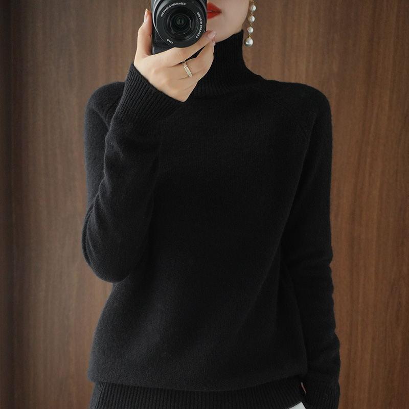 Women's Autumn Winter Plus-Size High Stand-Collar Solid Color Pullover Sweater - Loose Versatile Knit Base Layer