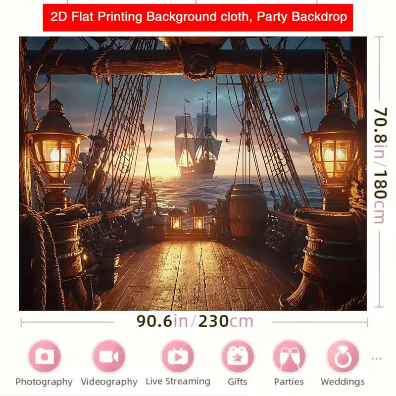 Nautical Pirate Ship Backdrop - Sunset Deck Lanterns Ocean Background