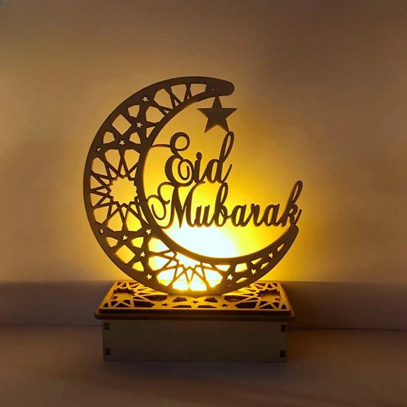 Ramadan Eid Wooden Moon Star Table Lamp Mubarak Decoration for Home Party Supplies Islamic Family Gathering Desktop Ornament