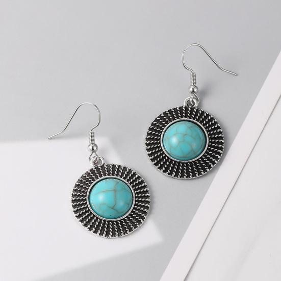 Yousheng 1 Pair Women Hook Earrings Round Shape Retro Bohemian Style Faux Turquoise Stainless Alloy Ear Decoration Jewelry Long Hanging Earrings