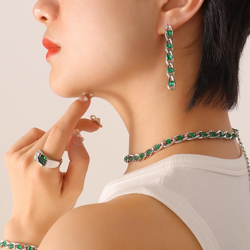 European Style Colorful Cubic Zirconia Jewelry Set with Diamond-Studded Necklace, Light Luxury Bracelet, and Exquisite Earrings