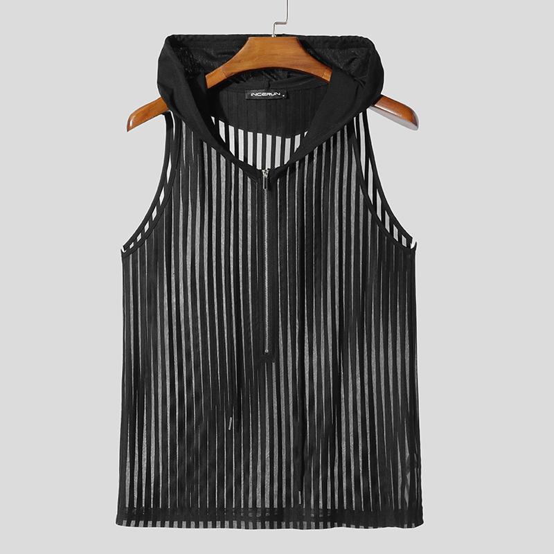 

INCERUN Men Hooded Tank Tops Sleeveless Striped See Through Transparent Tee чёрный