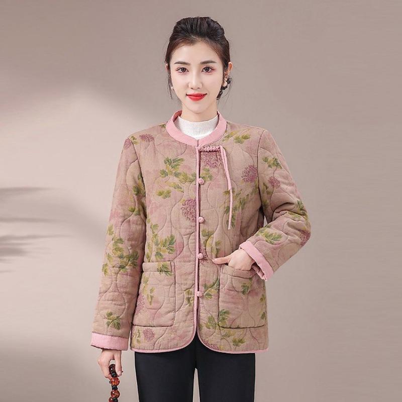 Medium and old disc buckle stand-up collar padded jacket for women's winter new retro printing padded padded padded jacket padded jacket