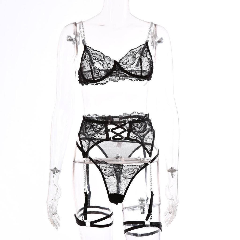 European Sexy Lingerie Set with Metal Chain, Black Lace, See-Through Design, Erotic Cool Spicy Style.