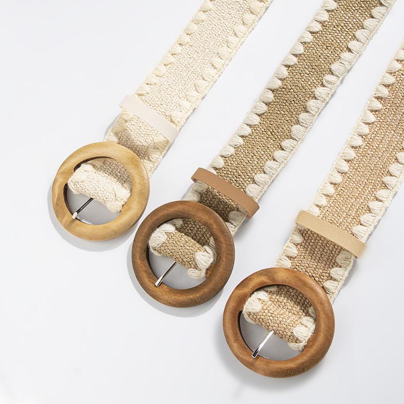 Bohemian Belt, Women's Straw-woven Woolen Decorated Round Wood Buckle Elastic Belt, Natural Vacation Style Belt